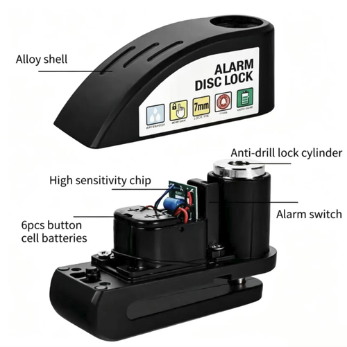 High-decibel alarm disc brake lock, 7mm thick alloy steel lock pin with anti-pick and anti-cut functions, triggered by vibration with an alarm of 110dB. One-click to lock, fully waterproof body, long battery life, portable and easy to store. Compatible with motorcycles, electric bikes, and bicycles. It is a practical protective tool for enhancing vehicle safety in outdoor parking. Safeguarding vehicle parking safety.
