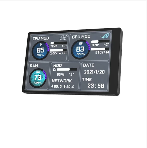 USB-C computer secondary screen: Plug and play, no need for power supply or driver. Real-time display of CPU, GPU usage, temperature, memory and other hardware data. Instantly check the status during gaming or office work. Multiple themes to switch, with night-time glowing effect to enhance the desktop atmosphere. Compact and doesn't take up much space. Compatible with desktops and laptops. Practical and with good appearance quality.