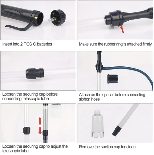 Electric aquarium gravel cleaner, supporting functions of sand washing, dirt suction and water replacement. Equipped with telescopic tubes and various replacement connectors, suitable for different aquariums. The water flow is smooth, reducing disturbance to the fish. The filter bag can be disassembled and washed. The assembly is simple and labor-saving. It is convenient for cleaning fish feces and leftover food at the bottom of the tank, suitable for daily aquarium maintenance.