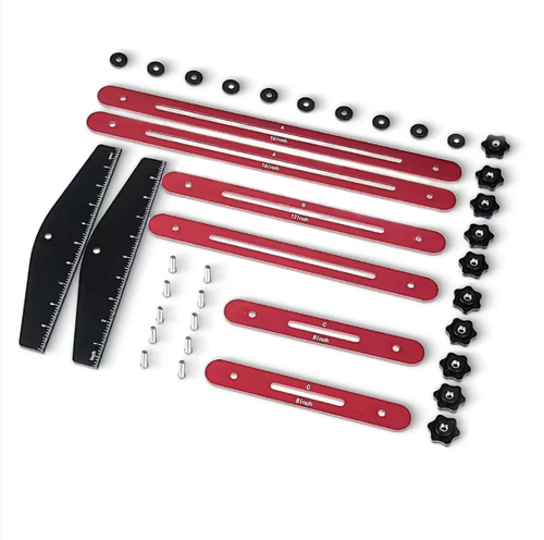 Multi-functional staircase measuring folding ruler, made of aluminum alloy. Multiple sections of ruler rods can be freely combined and adjusted. The knob locks for positioning. The scale is clear. Suitable for measuring and laying out stair treads, cabinets, and irregular corners. Comes with spare parts and storage bag. Convenient for carrying and storage. Applicable for layout in woodworking and decoration sites, as well as DIY processing.