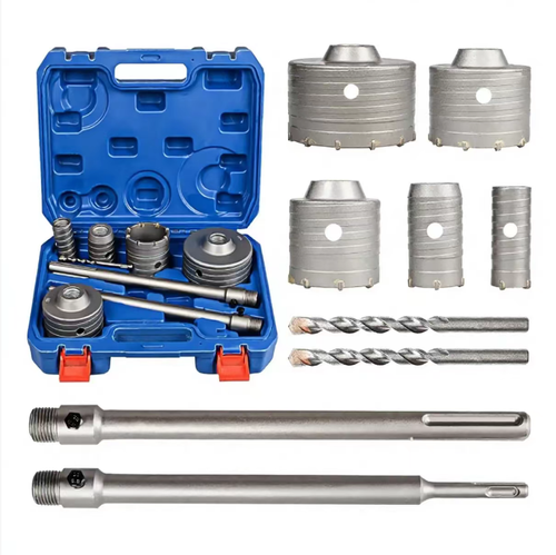 9-piece wall hole drilling bit set, equipped with various-sized hole heads, extension rods and positioning drills. It is stored in a portable toolbox and is suitable for drilling holes in brick walls and cement walls. It is used for drilling holes for air conditioners and pipelines. When used with an electric hammer, avoid hitting the steel bars in the wall. After use, clean up the debris and store it dry.