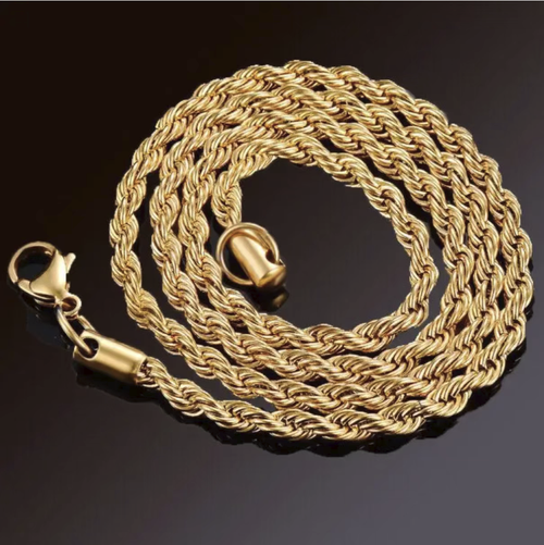 Hip-hop style stainless steel twisted rope chain, available in 3-10mm multiple sizes. 24K color-protective electroplating prevents color fading. The three-dimensional weaving texture gives a street style feel. It can be used as both a necklace and a bracelet. It is sturdy, durable and not prone to allergies. It is a versatile trendy accessory for creating personalized outfits. It is a must-have for trendy people in their daily wear.