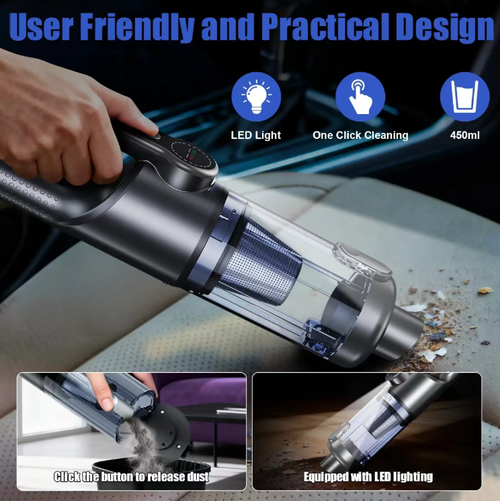 Wireless handheld and vehicle-mounted vacuum cleaner, with high power suction, capable of handling both dry and wet waste + combining suction and blowing functions. It can remove dust, debris, and wet garbage. With one-button dust discharge without dirtying hands, the filter can be washed and maintains long-lasting suction. The body is small and portable, ensuring no cleaning blind spots inside the vehicle. It is an essential cleaning tool for car owners.
