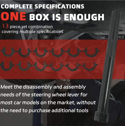 13-piece special wrench for steering gear rods, used for disassembling and assembling the ball head inside the car steering gear. Made of alloy steel, it is sturdy and resistant to torsion. The extended rod is suitable for the narrow space of the chassis. Multiple types of jaws are compatible with various models. The complete set is stored in a hard tool box, making automotive repair and chassis maintenance efficient and convenient.