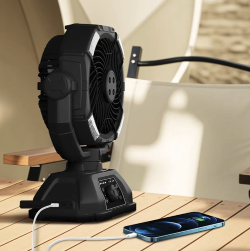 Multi-functional outdoor spray camping fan, with a 20000mAh large-capacity battery for USB charging, four-hole vaporization cooling, adjustable speed with no limit, automatic wide-angle swivel, and an LED camping light on the outer ring. Portable and lightweight, with long battery life. Suitable for camping, fishing, setting up stalls, and combines functions of blowing wind, humidifying and lighting.