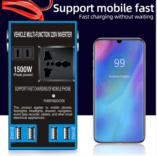 4 USB car inverter, compatible with all 12V.24V models, 4-port fast charging + universal socket, multiple protection + flame-retardant material, dual online for both safety and efficiency of vehicle power usage, must-have vehicle power supply device for driving and commuting.