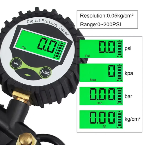 High-precision digital pressure gauge, with a wide range of 0 - 200 PSI and an accuracy of 0.05 kg cm². It can be switched between four units with one click. The bright LCD backlight screen, gun-shaped non-slip grip, and explosion-proof hose, along with rubber protection for shock resistance and durability, make it a professional tool for auto repair, off-road driving, and outdoor inflation pressure measurement.