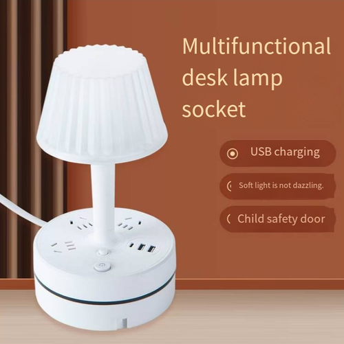 This portable power strip desk lamp features 3 sockets, along with 2 USB ports and 1 Type-C interface. It comes with a built-in phone stand and an included wall hook. The LED light is soft, equipped with an independent light control switch, and the flame-retardant casing has overload protection. It is suitable for use in dormitories, bedrooms, desktop offices, etc. It is a simple and practical multi-functional desk item.