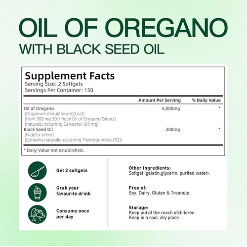 The oregano oil capsules for treating herpes, a blend of oregano oil and black seed oil, is gluten-free and soy-free. It is easy to swallow and has no unpleasant taste. Take 2 capsules per day. Today's order arrived with 2 bags totaling 600 capsules, enough to stock up for the entire year. It is a natural and gentle care product, suitable for daily use  business trips, and is friendly to sensitive and weak skin.