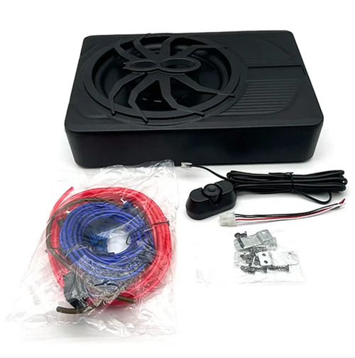 10-inch car subwoofer with spider-shaped panel, built-in colorful ambient lights, supporting dual control via APP and remote control. The cabinet comes with its own power amplifier. It is ultra-thin and can be placed under the seats. It is equipped with complete installation cables and fixing parts for upgrading the low-frequency sound effect of the original car. The lighting colors can be freely adjusted.