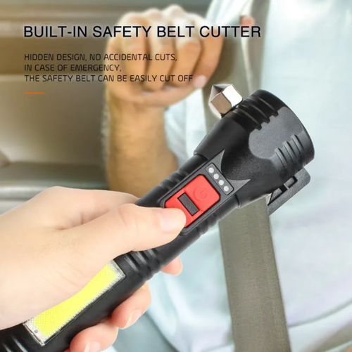 High-hardness tungsten steel window breaker, shatters car windows with a single strike. Hidden seat belt cutting knife, quickly frees you from danger. Five-level light adjustment: main light emits strong far-reaching light and flashes for emergency calls, side lights provide diffuse illumination. The rear part is equipped with a compass, USB fast charging. Compact and portable, it is not only a lighting tool but also a life-saving device for travel.