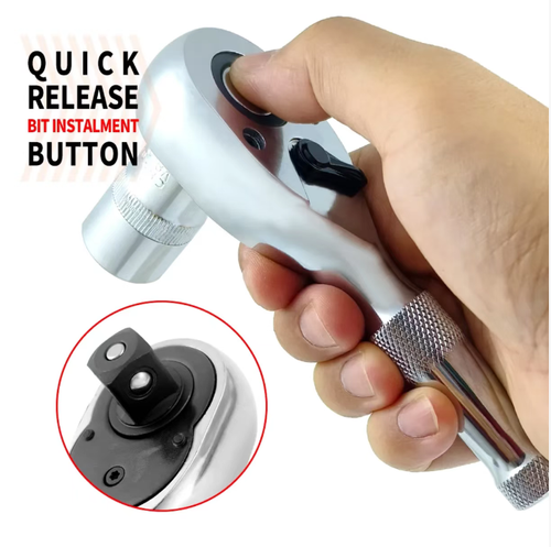3-piece set - -72-tooth quick socket ratchet wrench, with 72 teeth for precise structure, 5° swing allows for direction change, two-way adjustment + quick-release button, doubling the efficiency of screw removal and installation. Made of chrome-vanadium steel, it is durable and rust-resistant, an excellent tool for mechanical maintenance and home disassembly, allowing for faster screw tightening.