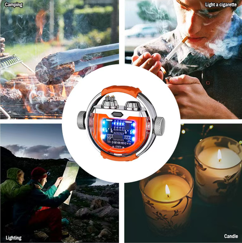 This mech gyro electric arc lighter is extremely futuristic in design. Its dual arc technology ensures stable ignition and is resistant to wind. Simply rotate it and the LED lights will flash, providing both entertainment and stress relief. It supports Type-C fast charging, has strong battery life, and also has COB lighting function. Whether for daily use or outdoor exploration, it is your must-have fashion accessory!