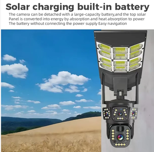 This 3-lens solar-powered 4G surveillance camera features simultaneous preview of all three lenses without any blind spots. It is powered by solar energy and has a long-lasting power supply. It supports full-color night vision, human shape detection, and sound and light alarm. It is IP66 waterproof and dustproof. It can be remotely viewed via mobile phone for real-time monitoring, making it suitable for all-round security protection in courtyards, farms, and construction sites.