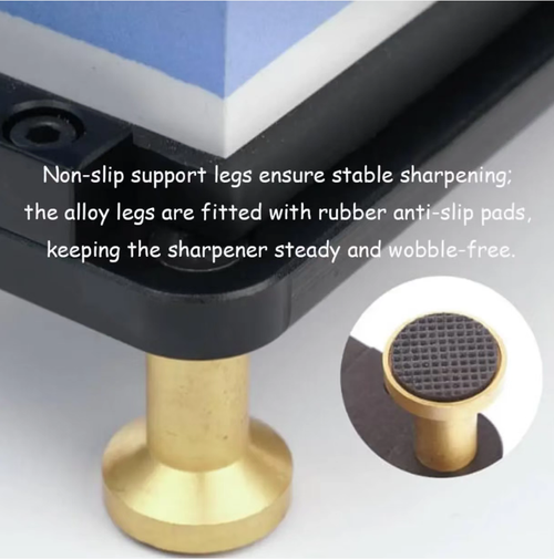 The alloy fixed-angle knife sharpener features a straight track and adjustable locking mechanism for precise angle adjustment. It ensures smooth and accurate grinding without damaging the blade. It comes with a pair of double-sided grinding stones of 400 mesh and 1000 mesh, suitable for roughing out chipped edges and fine polishing the blade surface. The bottom has a non-slip base for stability, and comes with a hexagonal wrench. Even beginners can easily sharpen a sharp and uniform blade edge.
