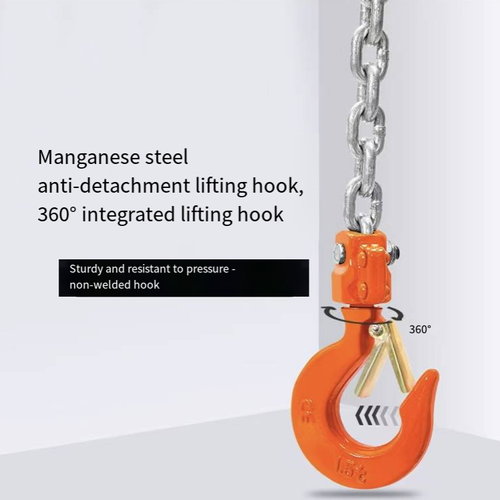 1.5-ton hand-operated hoist, capable of both lifting and towing. It features a 3-meter thick manganese steel chain that moves smoothly without getting stuck. The two-way anti-slip handles make operation effortless. The hook is equipped with safety lock plates, ensuring stable braking and preventing accidental drop. The thickened body is rust-proof and shock-resistant, making it suitable for various scenarios such as construction site lifting, equipment tensioning, and vehicle fixation.