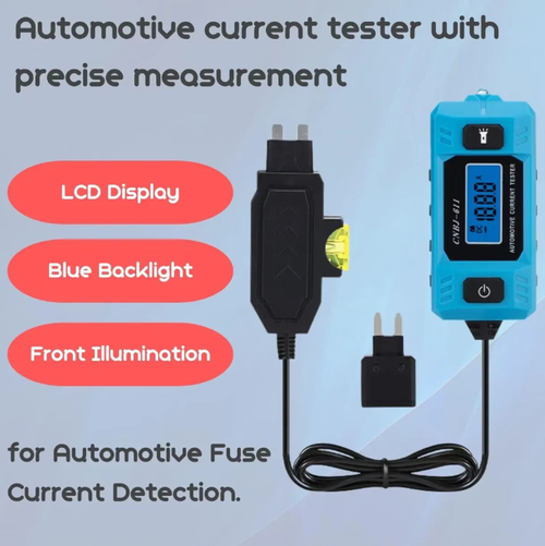 Car fuse current tester: Plug-in compatible with multiple vehicle models. The LCD blue screen is clear even in dim light, showing the current precisely in real time. It is easy to detect overloading, short circuits, and other faults. Compact and portable. The interface cables are reinforced and durable. It is suitable for self-inspection by car owners and automotive repair operations. Circuit problems can be identified with just one test.
