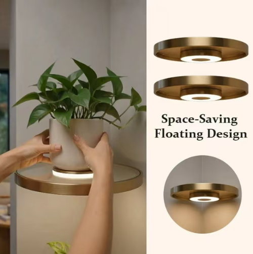 This floating wall-mounted stand has a circular metal appearance. The hidden support creates a floating effect, and it comes with built-in circular lights that emit soft light. It can hold lightweight items such as scented candles and photo frames, and is used for wall decoration and display. It needs to be installed by drilling holes on a solid wall. For lightweight items only, the wiring installation is recommended to be done by professionals.