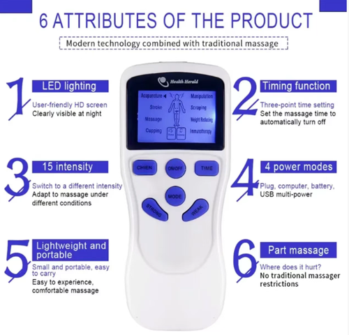 This pulsating massage device is a home-based massage assistant. The skin-friendly electrode pads can be applied to areas such as the shoulders, neck, waist and back that are sore and tense. It has 8 modes that imitate professional techniques like acupuncture and massage. It can be adjusted in intensity via remote control and has a timer function. It is suitable for office workers, sports enthusiasts and elderly people. It can help relieve stiffness and relax the body at any time.