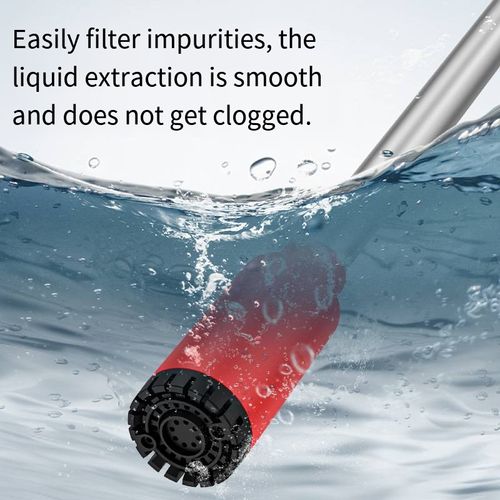 Lithium battery drive, one-button start with long range of power. Stainless steel long handle is sturdy and durable, with strong suction power. The bottom has a filter to prevent blockage and can handle large flow of liquid for efficient liquid extraction. It can quickly clean the aquarium sewage and is also applicable for yard drainage, liquid extraction and other multiple scenarios. It is portable and easy to operate.