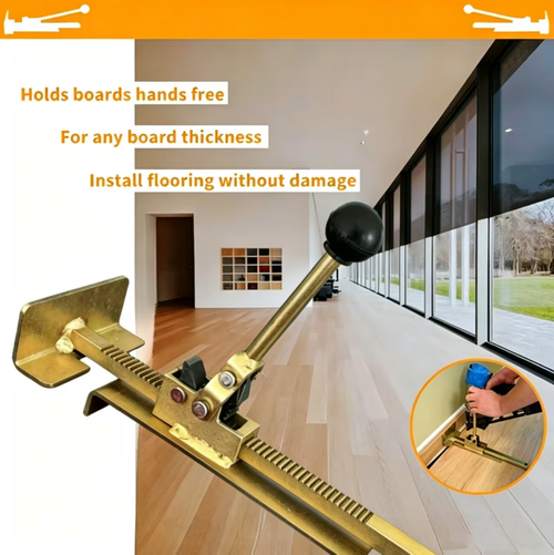 Portable wooden floor tensioner, made of thickened galvanized steel, with a gear-rack structure and a non-slip handle. It is used for tensioning the installation of solid wood boards and composite floors, adjusting the gap between the boards, and can also assist in the removal of old floors by pulling them back. It can be operated by one person. The base is stable, making it convenient for home decoration construction and floor renovation and repair. It is easy to store.