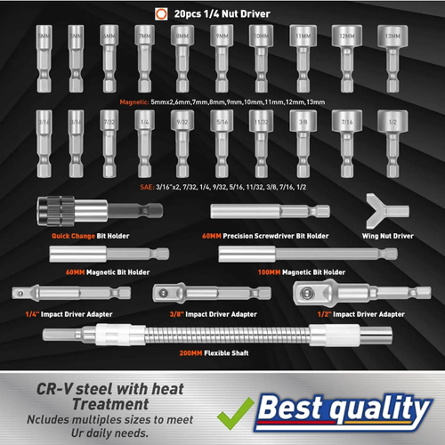 258-piece screwdriver head kit, DIY all-purpose tool box. 258 specifications compatible with micro-electronic to household bolts. Can be used for repairing appliances, assembling furniture, and assembling building blocks. The CR-V steel knife head undergoes heat treatment for wear resistance, and the magnetic handle prevents the screw from falling off. This set can handle all scenarios of screw tightening.