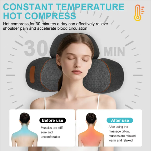 The three-in-one cervical massage pillow features a built-in massage device that mimics kneading and patting techniques to relax the muscles. It also has a constant temperature heat therapy function to enhance circulation. The scientific traction design helps correct posture. With multiple modes of selection and a one-click operation, it is simple and convenient, providing comprehensive care for your cervical spine.