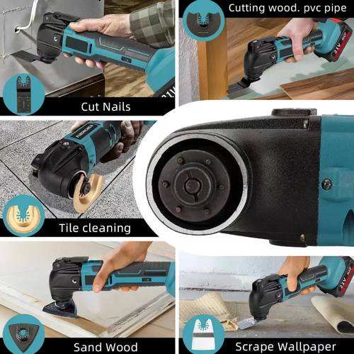 Lithium battery charging universal tool, multi-functional oscillating shovel, capable of cutting, trimming, slotting, sanding and chiseling. Equipped with multiple replaceable blades, supports speed adjustment, quick-change accessories are easy to assemble and disassemble, with a wireless lithium battery design for convenient mobile operation. Suitable for woodworking, decoration, edge repair, and operations in narrow spaces.