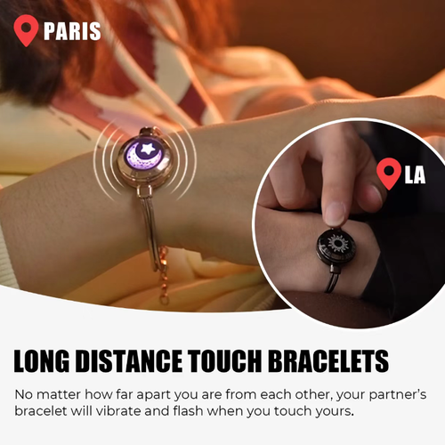 The Sun-Moon Couple intelligent sensor bracelet features a black-gold sun design and a rose-gold star-moon design in pairs. When touched, it triggers a flashing vibration response, conveying thoughts that transcend distances. The textured metal bracelet is versatile and durable, making it a romantic token for distant lovers to interact and for expressing feelings on Valentine's Day. It witnesses every bit of care and commitment in a relationship.