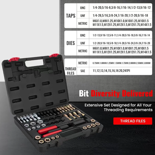 This set of thread repair tool kit is stored in a hard tool box and includes various specifications of accessories such as taps, die sets, and wrenches. It can be used to smooth out rust, burrs, and minor damages on both the inner and outer threads, restoring the engagement of screws and nuts. It is suitable for automotive repair and hardware maintenance. The operation requires applying force evenly. After use, clean up properly and store it in a safe place.