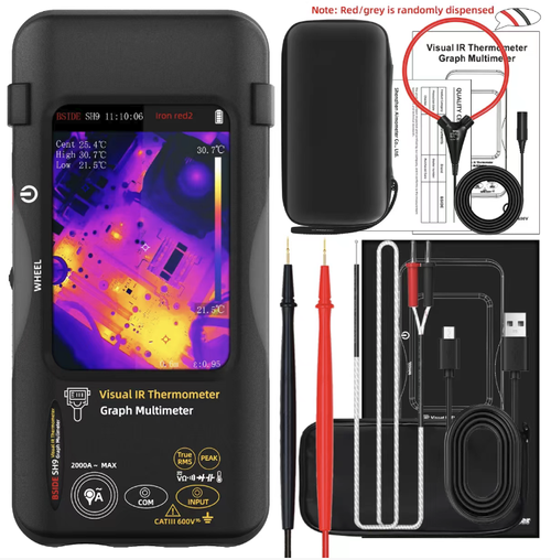 Touchscreen infrared thermal imaging multimeter, featuring both thermal imaging temperature measurement and electrical measurement functions. The high-definition color screen displays the temperature difference in the temperature zone in real time, with high measurement accuracy. It can detect circuit overheating and floor heating leakage faults, and has an insulated and safe body that is portable and durable. It is suitable for electricians, industrial inspections, and home decoration repairs.