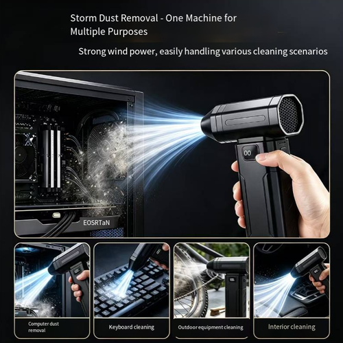 This black handheld wireless cleaning fan is equipped with a 5200mAh battery and can be charged via USB. It features an electricity display screen and an auxiliary lighting lamp, allowing for adjustable air outlets. The strong wind is used for dust removal. The device is compact and portable, with a non-slip handle. It is suitable for cleaning floating dust and debris at home or in the car. Please do not block the air outlet when using it.