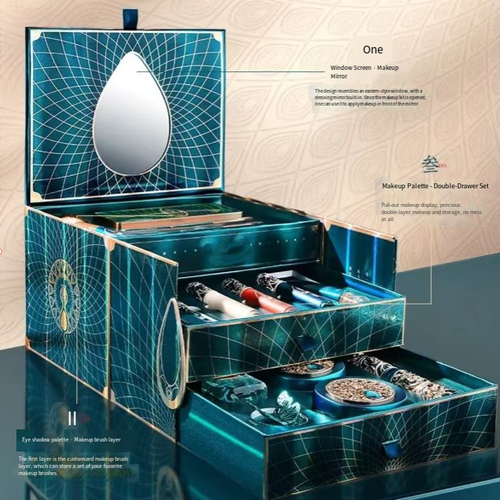 A 24-piece set of high-end Oriental traditional Chinese makeup products. The dark green and gold-colored box resembles a garden in the south of the Yangtze River. When opened, it reveals 24 items including eyeshadow, lip gloss, blush, etc. Even the mirror is engraved with water ripple patterns. The opening ceremony has an extremely strong sense of excitement ✨ Using it yourself is a daily makeup pleasure, and as a gift, it is a respectable choice.