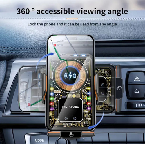 66W Fast Charge Car Wireless Charging Stand: Intelligent sensor opening and closing, alloy arm + silicone pad for stable and scratch-resistant protection. 360° universal ballhead compatible with multiple vehicle air outlets, compatible with multiple brands' fast charging protocols, and can provide fast charging at low temperatures without damaging the battery. RGB glowing gradient, dual-purpose for car desktop, stable even on bumpy roads.