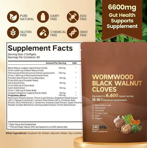 This black walnut soft capsule is a gentle guardian for the stomach from natural herbs. If you place an order today, you will receive 2 bags of black walnut soft capsules for Helicobacter pylori, totaling 480 capsules. Each bag is a large package containing 240 capsules, sufficient for 80 days - exactly the golden period for stomach care. Take 3 capsules per day, and turning nourishing the stomach into a hassle-free daily routine is within reach.