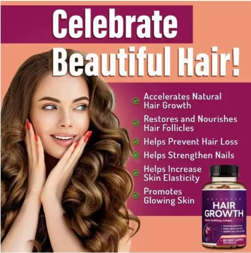 If you place an order today, we will send you a total of 2 bottles of hair strengthening vitamin capsules. The total quantity is 240 capsules. The advanced hair growth capsules contain 10,000 micrograms of biotin and collagen. They help prevent hair loss and make the hair thicker. After one month, the hair will become thicker. Take 2 capsules per day. In addition, it also has skin care and nail strengthening effects. Its ingredients are pure and do not contain any additives.