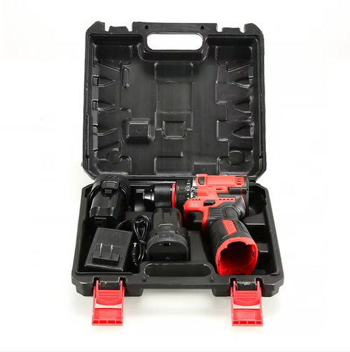 Red brushless lithium battery electric drill, two-electricity-one-charging set, multiple torque settings, dual-speed adjustment. One machine can drill holes and tighten screws. The anti-slip handle is equipped with a working lighting lamp. Two batteries can be used alternately. Suitable for furniture assembly and home repairs. Take protective measures during operation, clean up debris after use, dry and store.