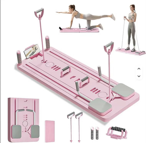 Multi-functional home Pilates abdominal toning board, equipped with a timer function and a phone holder. It has multiple adjustable slope settings. Comes with a set of accessories including resistance bands, prone push-up frame, and knee guards. The material is sturdy and has strong load-bearing capacity. The anti-slip design ensures safe movement. It can be folded for storage and is very convenient for home fat reduction and body shaping.