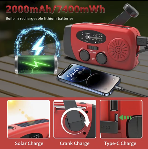 This multi-functional emergency radio supports three power sources: solar energy, hand-crank, and USB. It is equipped with a 2000mAh battery. It covers the AM, FM, and NOAA full frequency bands and comes with a high-brightness dual-mode flashlight that can charge your mobile phone. It is portable and durable, providing reliable protection for both outdoor and home emergencies. It ensures the safety of you and your family.