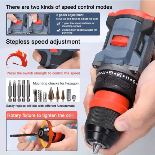 The 21V 2-in-1 lithium battery drill electric screwdriver can drill holes in various materials such as wood, metal, stone, and concrete. It is powered by lithium battery, portable and efficient. Whether for home repairs, construction work, or handicrafts, it can handle them easily. It provides strong power and a convenient experience for your drilling and screwing operations, and is your reliable tool assistant.
