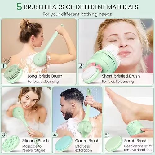 Multi-brush all-scenario compatible electric shower brush: 180° rotating long handle covering the back, joints, dead area. Electric deep cleaning system. 5 functions of brush heads (daily cleaning, gentle facial cleansing, soothing massage, exfoliation management, deep skin cleansing). Oil removal and dust removal. Relieves body fatigue. An efficient home tool that covers all aspects of bathing, cleaning and care for the entire body in one package.