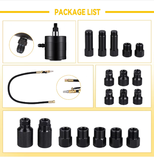 Pneumatic diesel fuel injector disassembly tool kit. The pneumatic pulling method does not damage the cylinder head. Various specifications of connectors are compatible with all types of diesel vehicles. Alloy steel parts are wear-resistant and durable. The complete set of accessories comes with a portable tool box. It is specially designed for auto repair stores for maintenance purposes, saving effort and being highly efficient.