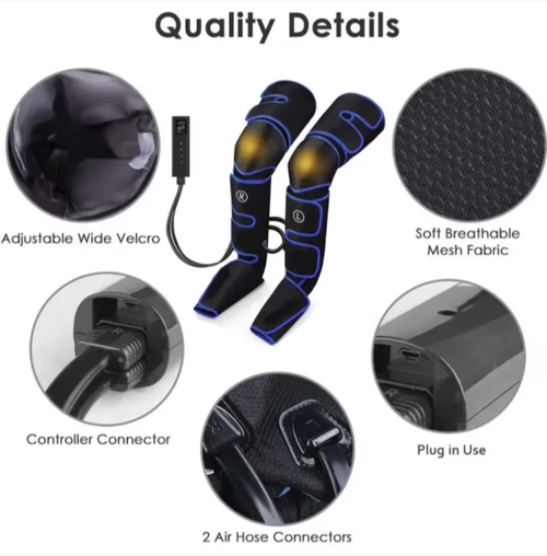 Full-leg air pressure hot compress massage device. It uses segmented airbags to knead the sole of the foot to the knee. Multiple pressure levels can be adjusted. The knee is heated continuously to relieve joint discomfort. It can be controlled with one button and is easy to operate. It can be folded and stored for portability. It is a thoughtful care product for people who stand or sit for long periods, to relieve their legs.