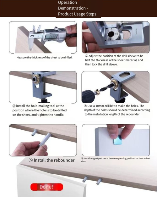 Multi-specification compatibility, precise and efficient hole punching, simple operation, suitable for various types of boards, precise scale, stable clamping, covering 6, 8 and 10, no deviation in hole punching, efficiency maximized, no problem, top-notch hole punching, no worries for carpentry work! Carpenters can go all out with their eyes closed!