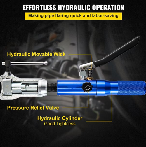 Hydraulic-driven brake flaring tool kit, effortlessly achieving precise standard flaring shapes. Multiple-sized molds are compatible with mainstream pipe dimensions. Complete set of accessories covers the entire process of cutting - flaring. Hard storage box is portable and durable, making it easy to use. It is a cost-effective specialized tool for the automotive repair industry and DIY maintenance.