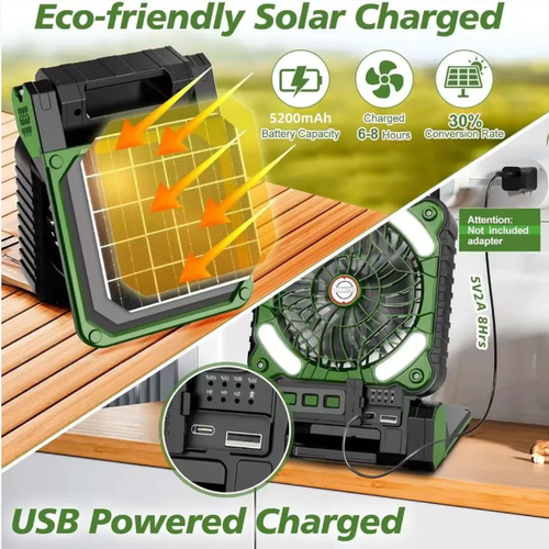 This solar-powered portable outdoor fan is equipped with an efficient solar panel and a 5200mAh battery, supporting Type-C fast charging and mobile phone recharging. It offers three lighting modes and powerful air circulation. It is foldable, portable, and has a compact size. It is an all-weather cooling station for camping, fishing, street vending, and emergencies. It is also your outdoor energy manager.