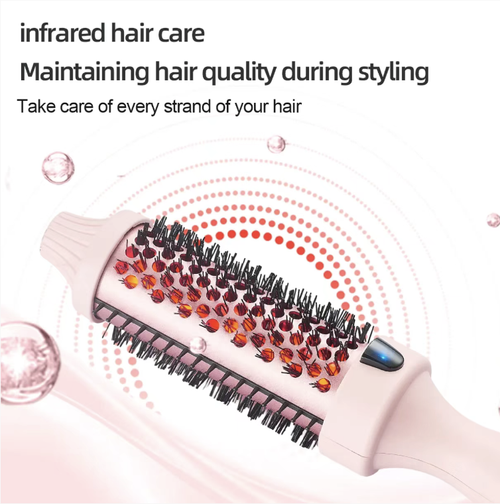 Infrared straight and curling dual-purpose styling comb, with adjustable temperature settings in multiple levels, large screen display, cylindrical comb teeth wrap the hair strands, allowing for straightening and creating large inward-curving waves. When paired with the air cushion massage comb, it helps to smooth the scalp during daily hair brushing. The handle is comfortable to hold and is suitable for creating various hairstyles for ladies at home.