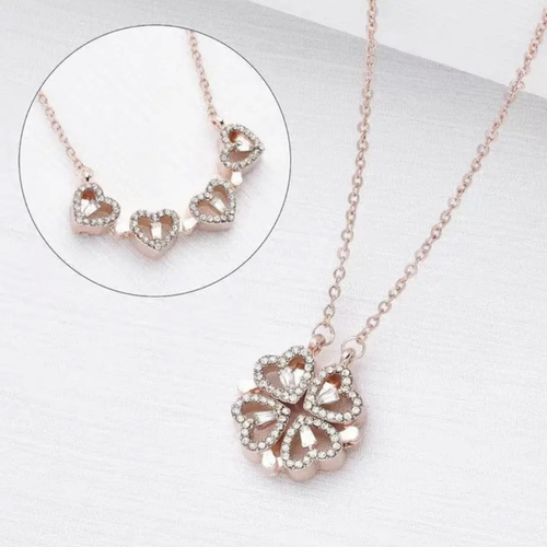 Magnetic double-wrappable four-leaf clover necklace. When closed, it forms a four-leaf clover, when opened, it becomes a heart shape. One chain can be worn twice. The micro-set zirconia gives off a luxurious glow, and the rose gold enhances skin tone. The chain body is comfortable and versatile, suitable for use as a birthday gift, embodying both appearance and sentiment. It is a niche piece of jewelry that is appropriate for both giving as a gift and for personal use.