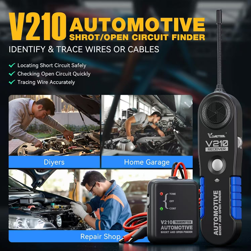 The vehicle circuit line detection instrument consists of a transmitter and a receiver. It can non-destructively detect short circuits and open circuits in the vehicle's low-voltage circuits. It locates the fault point by tracking the signal, has dual working modes, and provides strong or weak sound feedback signals. The operation is simple and it is suitable for vehicle repair and maintenance. Remember to turn off the power before using it.