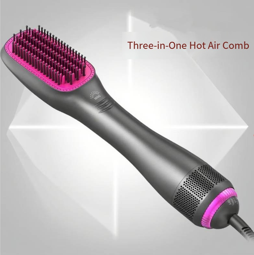 This three-in-one hot air comb combines the functions of blowing hair, straightening hair and curling hair. It features multiple speed settings and temperature control. The rounded comb teeth reduce the pulling of hair strands. It can dry hair while shaping it, using hot air for styling and then cooling it for setting. It is multi-functional and can be used for various hairstyles at home. After use, wait for it to cool down before storing it.